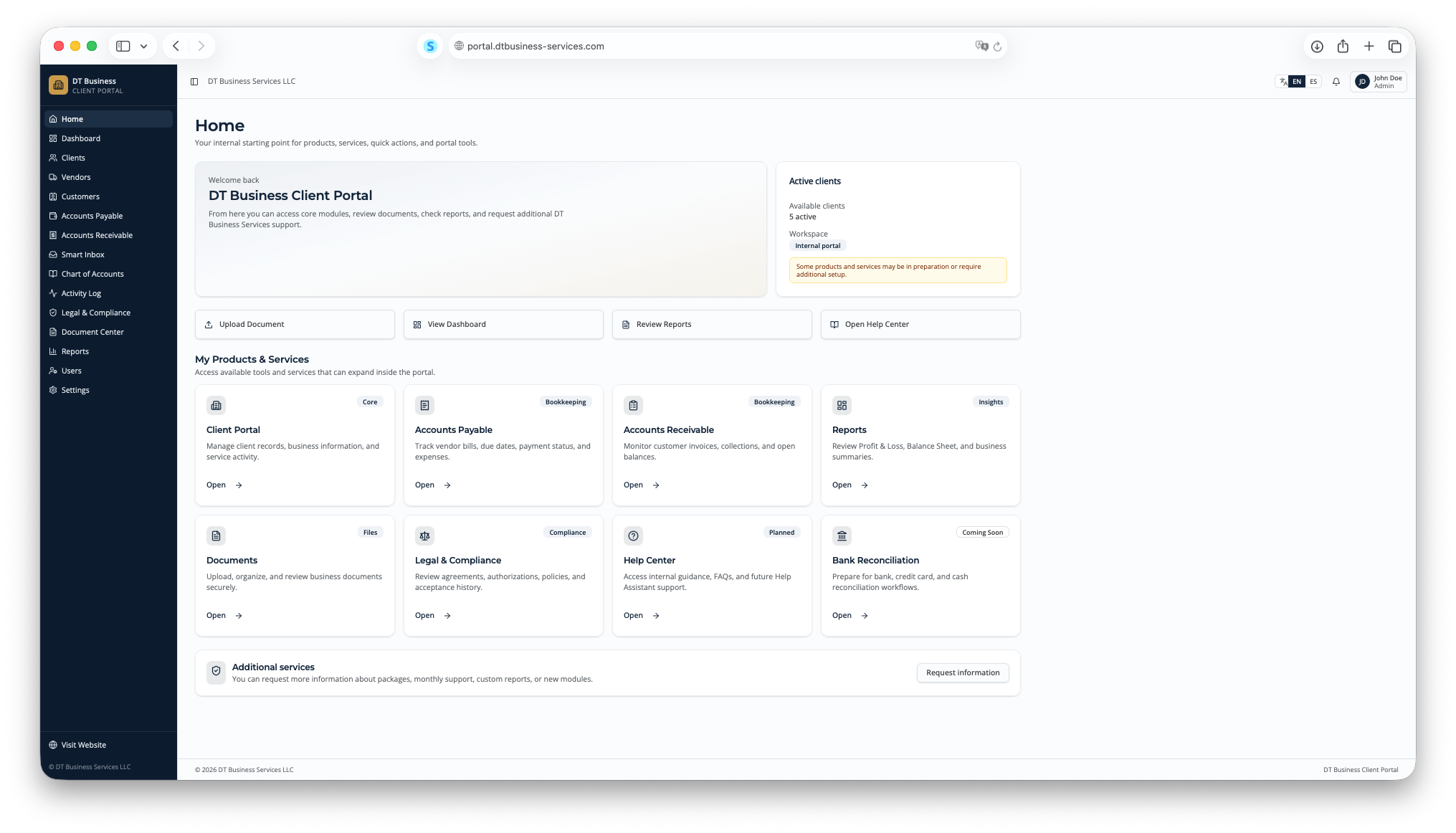 DT Business Client Portal home workspace preview